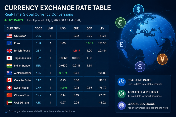 ChatGPT Image Jul 7, 2026, 08_59_46 AM Infographic showing a real-time currency exchange rate table with global currency icons, live exchange rates, and an interactive world map.