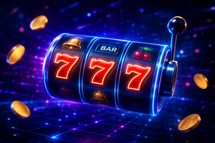 Futuristic digital slot machine with glowing 777 symbols, floating gold coins and neon lights representing the evolution of online slot games and casino technology.