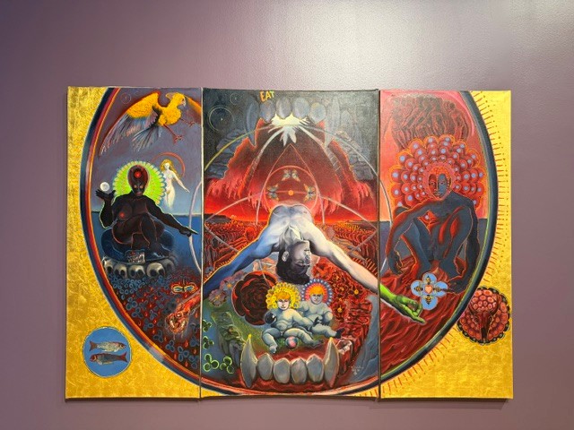 Large triptych exploring mysticism, mythology, and surreal symbolism in A Queer Arcana: Art, Magic, and Spirit.