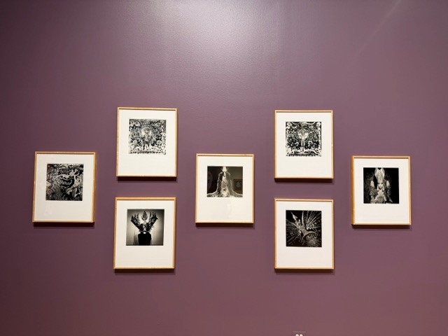 Gallery wall featuring black-and-white visionary artworks in A Queer Arcana: Art, Magic, and Spirit.