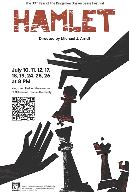 Kingsmen Shakespeare Company's Hamlet poster for the 30th Kingsmen Shakespeare Festival featuring stylized chess pieces, performance dates and director Michael J. Arndt.