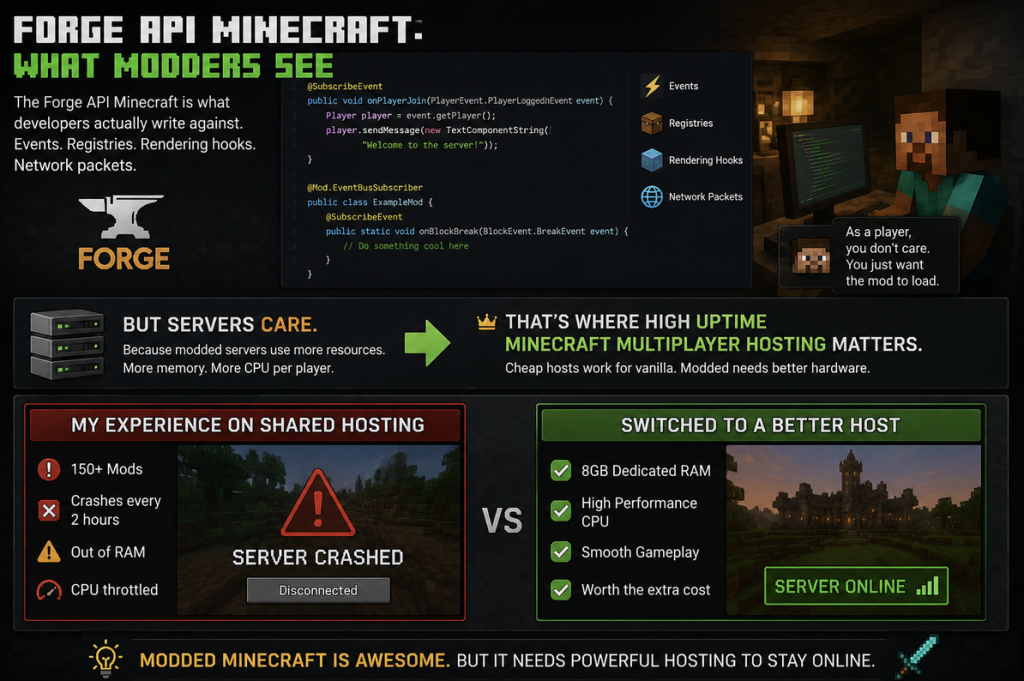 Infographic explaining the Forge API for Minecraft, modded server hosting requirements, shared hosting limitations, and the benefits of high-performance Minecraft server hosting.