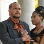 Hamlet and Ophelia share a tense moment in the Kingsmen Shakespeare Company's outdoor production of Hamlet at California Lutheran University.