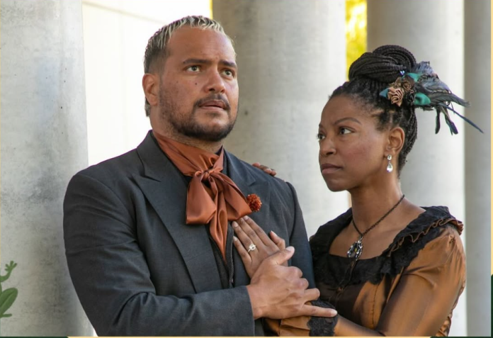 Hamlet and Ophelia share a tense moment in the Kingsmen Shakespeare Company's outdoor production of Hamlet at California Lutheran University.