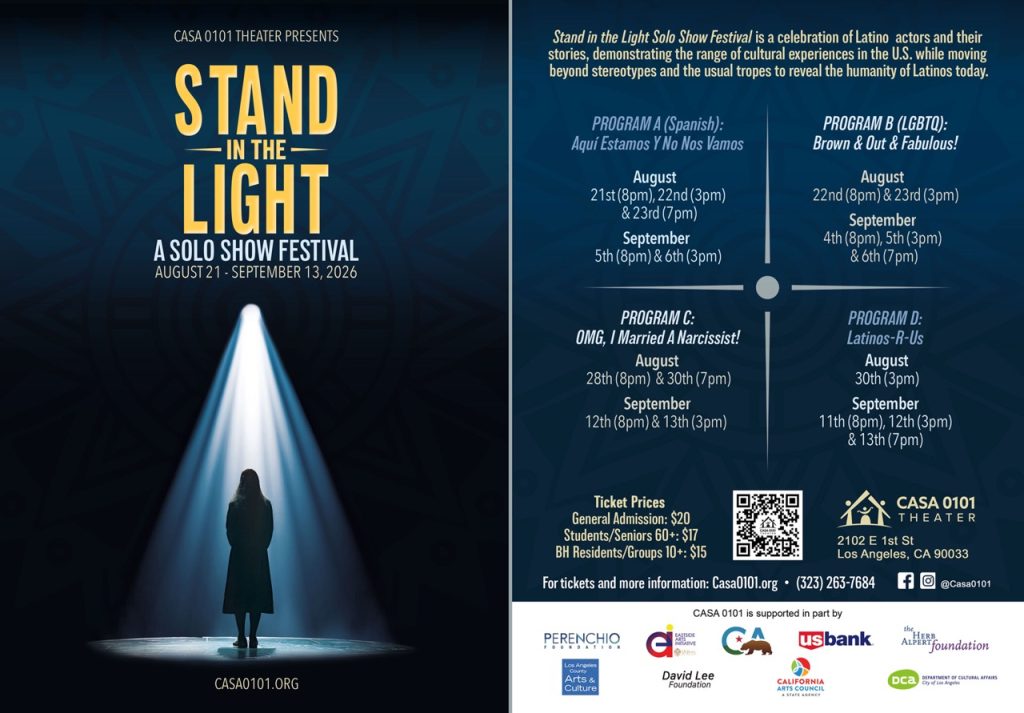 Stand in the Light Solo Show Festival flyer with performance programs, dates, ticket prices and CASA 0101 Theater information.