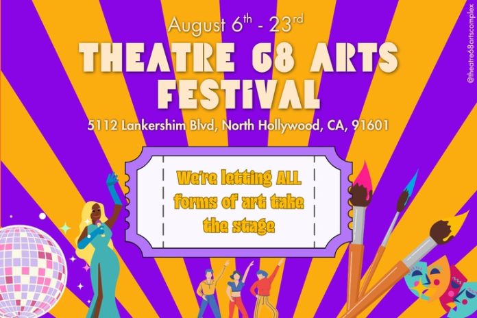 TP GRAPHICS EBLAST - 26 Theatre 68 Arts Festival flyer featuring festival registration details, available theatre rental spaces, gallery and patio art spaces, artist benefits, and a QR code for applications.