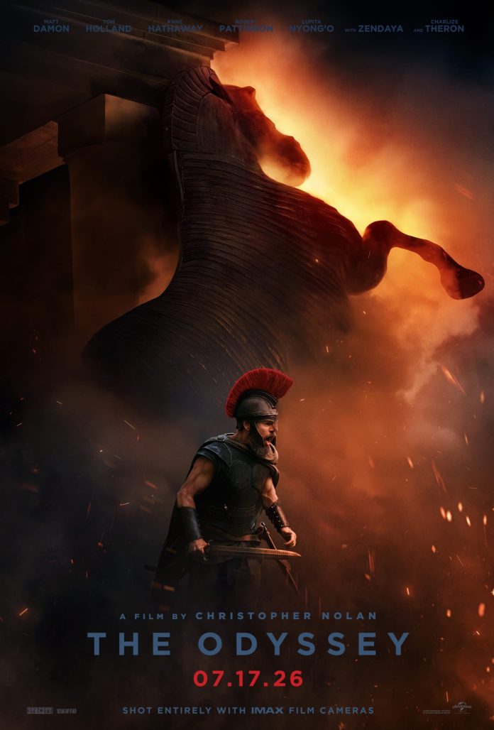 Promotional poster for Christopher Nolan's The Odyssey featuring a Greek warrior before the burning Trojan Horse, capturing the film's dramatic retelling of Homer's epic.
