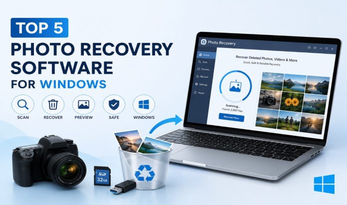 Top 5 photo recovery software for Windows illustration showing a laptop recovering deleted photos from an SD card, USB drive and camera using photo recovery software.