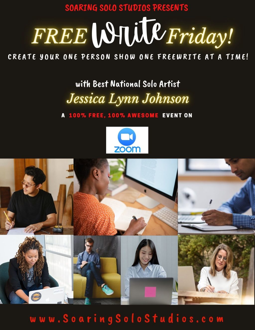 Promotional flyer for Soaring Solo Studios' FREEWrite Friday Zoom event featuring Jessica Lynn Johnson and participants writing to develop one-person shows.