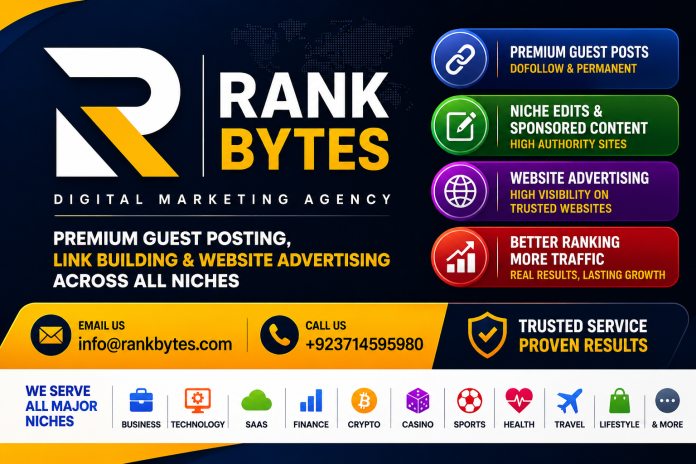 image Rank Bytes digital marketing agency graphic promoting guest posting, link building, content outreach, website advertising, and SEO services across multiple industries.