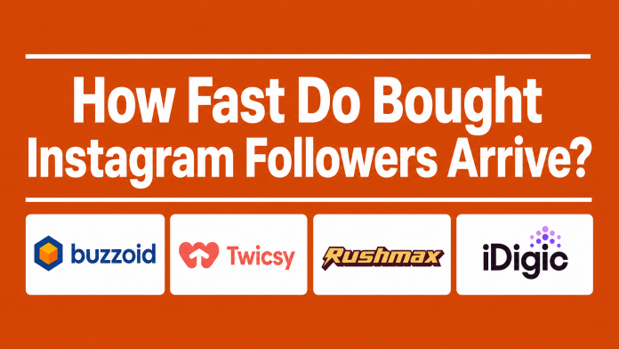 image Graphic with the headline 'How Fast Do Bought Instagram Followers Arrive?' above the logos of Buzzoid, Twicsy, Rushmax, and iDigic on an orange background.