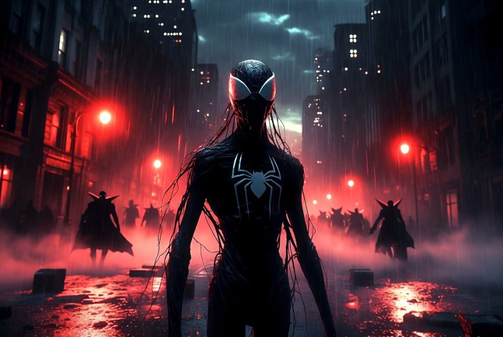 Dark Spider-Man-inspired figure stands in a rain-soaked city surrounded by shadowy figures, representing Marvel's upcoming horror-themed Midnight Universe.