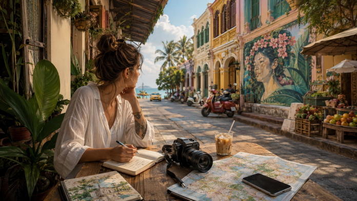 Creative traveler working from a café in Phuket Old Town with a camera, map and notebook overlooking colorful street art and historic shophouses.