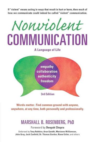 Cover of Nonviolent Communication: A Language of Life by Dr. Marshall B. Rosenberg, featuring overlapping speech bubbles symbolizing empathy and collaboration.