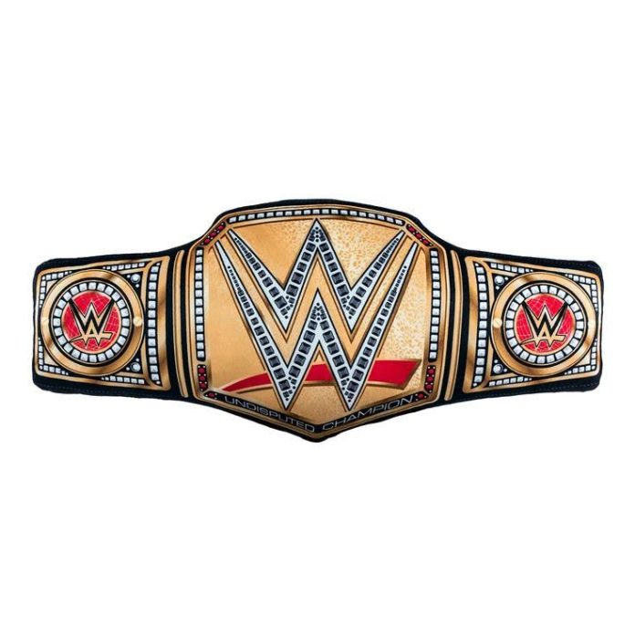 Wrestling-style championship belt with large gold center plate and side plates, representing custom championship belts used for competition awards.