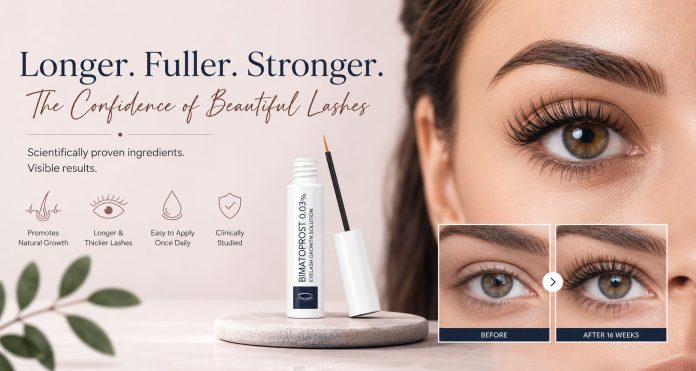 Advertisement for bimatoprost eyelash growth solution featuring a close-up of long eyelashes, the product bottle, and a before-and-after comparison showing fuller lashes after 16 weeks.
