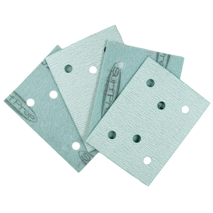 SurfPrep Blizzard Film rectangular abrasive sanding sheets with vacuum holes.