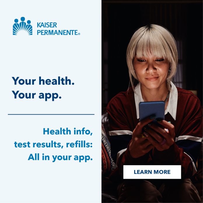 4485743212_PCM-NoHo-Arts-Dist-WTNG-DigiBn_SCAL_2026_DigAdv_R1A_ATV_1025x1025_96dpi Advertisement for the Kaiser Permanente app featuring a person looking at a smartphone with text promoting access to health information, test results, and prescription refills through the mobile app.