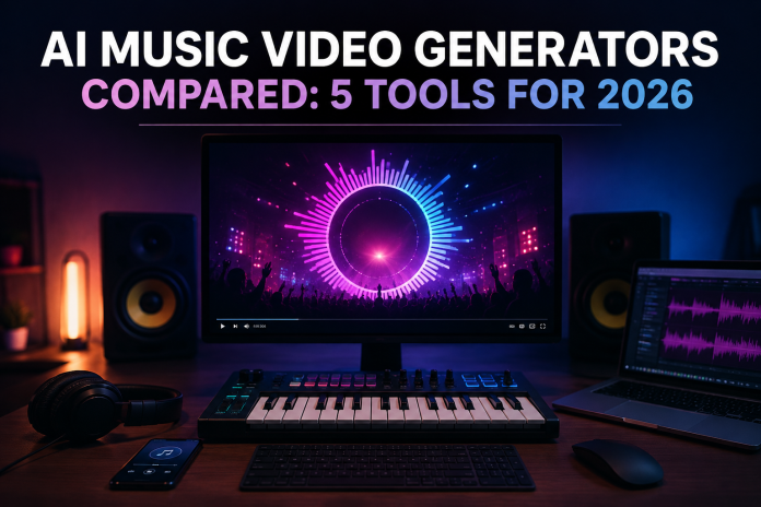 Computer workstation with an AI-generated music video playing on a monitor, surrounded by studio speakers, a MIDI keyboard, headphones, and audio editing software beneath the headline "AI Music Video Generators Compared: 5 Tools for 2026."
