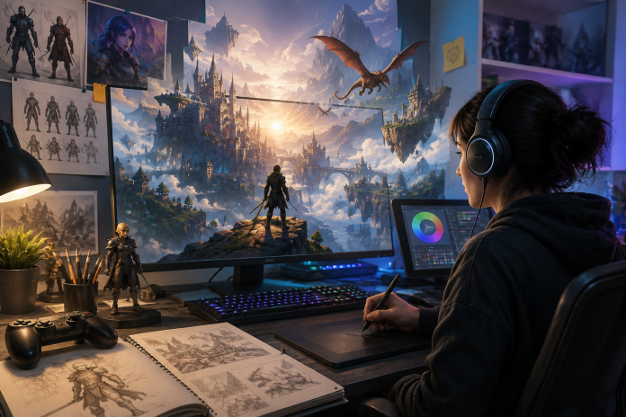 Game artist creating a fantasy video game world with digital drawing tools, character sketches and a gaming controller.