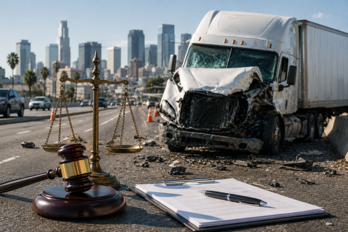 ChatGPT Image Aug 10, 2026, 01_27_30 PM Truck accident on a Los Angeles freeway with a damaged semi-truck, scales of justice and legal documents.