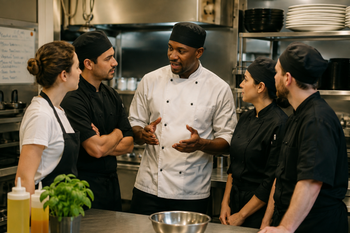 ChatGPT Image Aug 10, 2026, 12_59_40 PM Restaurant chef leading a food safety training discussion with kitchen staff in a clean commercial kitchen.