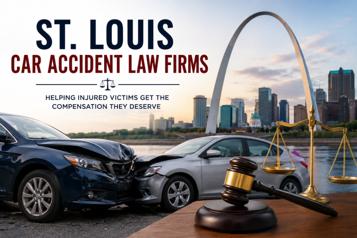 ChatGPT Image Aug 11, 2026, 03_06_19 PM St. Louis car accident law firms graphic featuring a vehicle collision, Gateway Arch, scales of justice and a judge’s gavel.