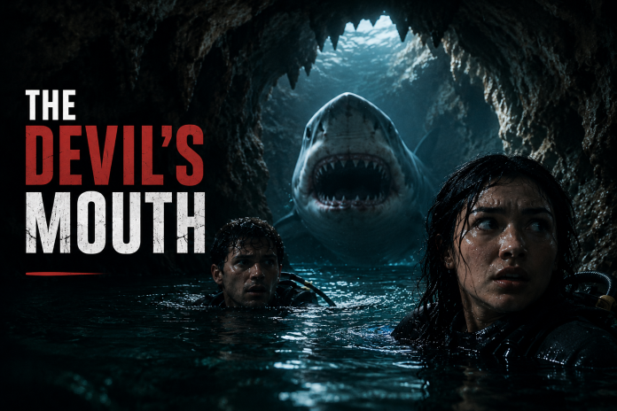 The Devil’s Mouth shark thriller featuring two divers trapped in a dark flooded cave with a massive shark behind them.