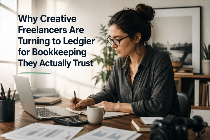 Creative freelancer working on bookkeeping at a home office desk with a laptop, calculator and financial documents.