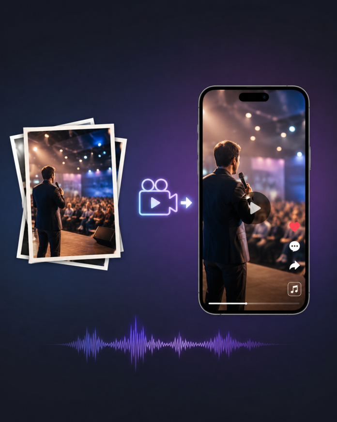 Event photos transformed into a vertical social media Reel using image-to-video AI with music and motion.