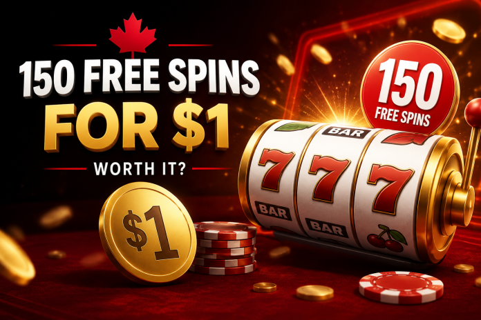 ChatGPT Image Aug 17, 2026, 04_34_45 PM 150 free spins for $1 Canada casino promotion with slot machine, casino chips and Canadian maple leaf.