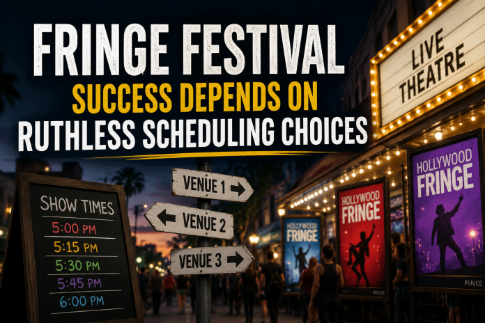 ChatGPT Image Aug 17, 2026, 04_40_05 PM Hollywood Fringe Festival theater district with overlapping showtimes illustrating how scheduling choices affect audience turnout.