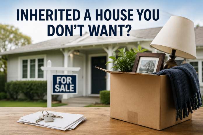 Inherited house you don’t want with a for sale sign, moving box filled with household belongings, keys and property documents.