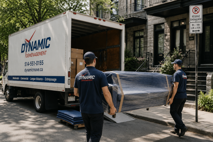Movers carry a wrapped sofa from a moving truck on a residential street in Montreal.