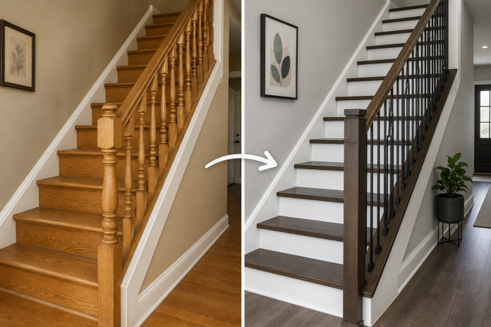 ChatGPT Image Aug 21, 2026, 12_18_36 PM Before-and-after staircase renovation showing an old wood staircase updated with dark treads, modern handrail and black metal balusters.