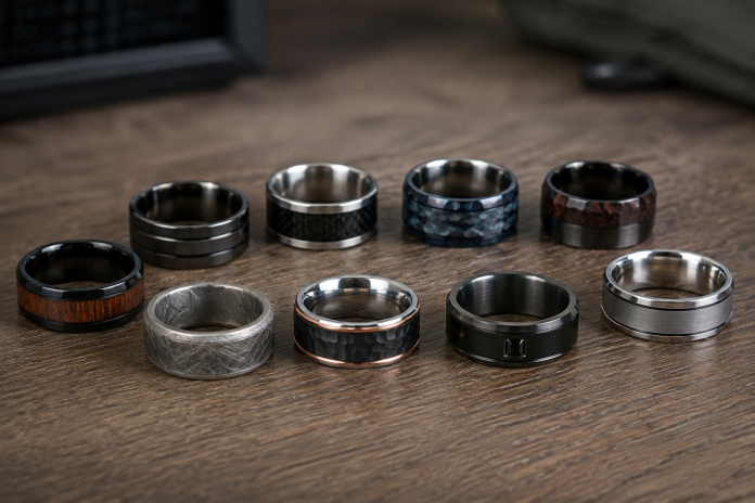 ChatGPT Image Aug 21, 2026, 12_22_11 PM Bold men’s wedding bands in metal, wood, carbon fiber and textured finishes displayed on a wooden surface.