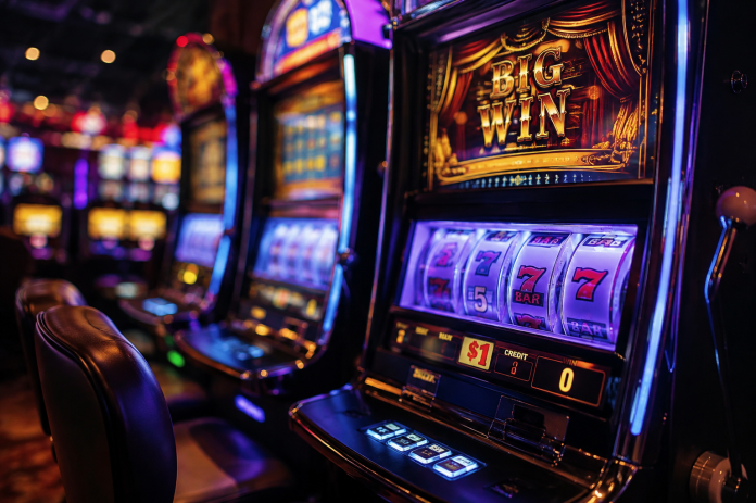 Theatrical slot machine with red curtain design and glowing reels in a colorful casino.
