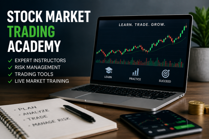 ChatGPT Image Aug 25, 2026, 08_22_53 PM Stock market trading academy with laptop displaying market charts, trading tools and risk management training.