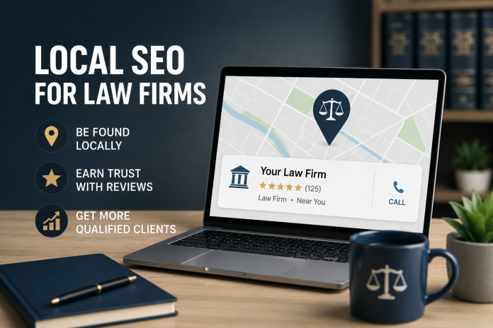 ChatGPT Image Aug 25, 2026, 08_26_56 PM Local SEO for law firms graphic featuring a laptop with a local search map, client reviews and legal imagery.