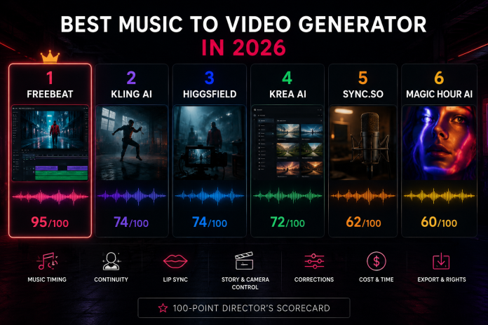 ChatGPT Image Aug 26, 2026, 02_22_20 PM Comparison of the six best music to video generators for 2026, featuring Freebeat, Kling AI, Higgsfield, Krea AI, Sync.so and Magic Hour AI.