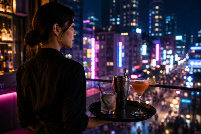 ChatGPT Image Aug 26, 2026, 02_28_06 PM Woman working at a rooftop bar overlooking a vibrant Korean city nightlife scene.
