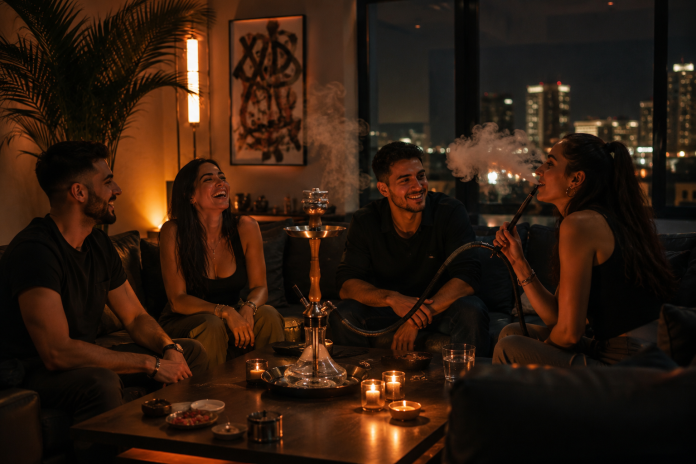 ChatGPT Image Aug 29, 2026, 11_30_39 AM Friends relaxing around a hookah in a stylish home lounge, enjoying conversation during a late-night gathering.