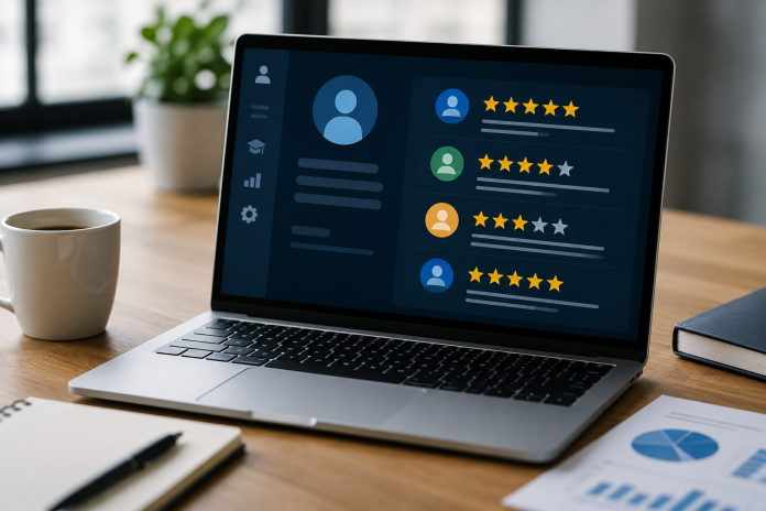 ChatGPT Image Aug 3, 2026, 01_16_10 PM Laptop displaying an LMS review dashboard with star ratings and user feedback, representing how software reviews help businesses compare learning management systems.