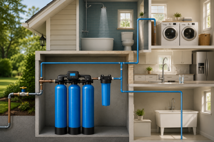 ChatGPT Image Aug 3, 2026, 01_21_26 PM Cutaway illustration of a whole-home water filtration system connected to a house, showing filtered water flowing to the kitchen, bathroom, laundry room, and utility sink.