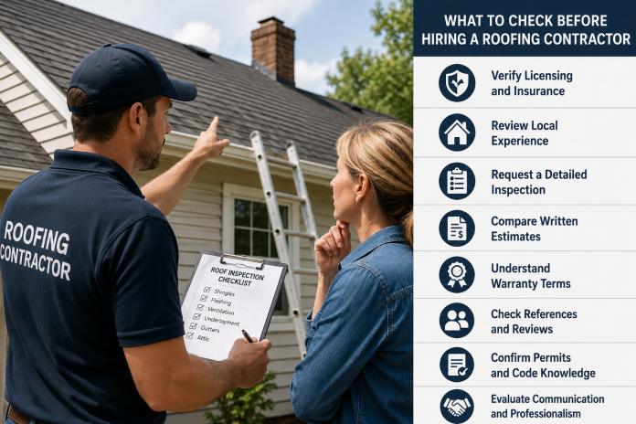 ChatGPT Image Aug 3, 2026, 01_28_39 PM Homeowner reviewing a roofing inspection checklist with a residential roofing contractor outside a house before hiring for a roof replacement project.