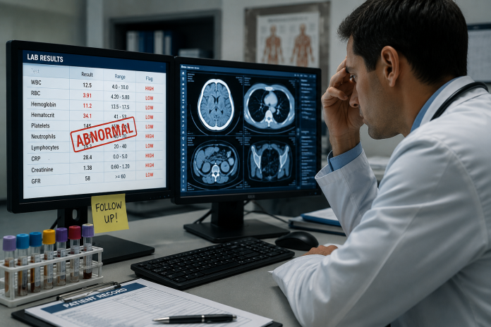 ChatGPT Image Aug 4, 2026, 01_32_02 PM Doctor reviewing abnormal lab results and medical imaging on dual computer monitors, illustrating how missed or misread test findings can delay diagnosis and treatment.
