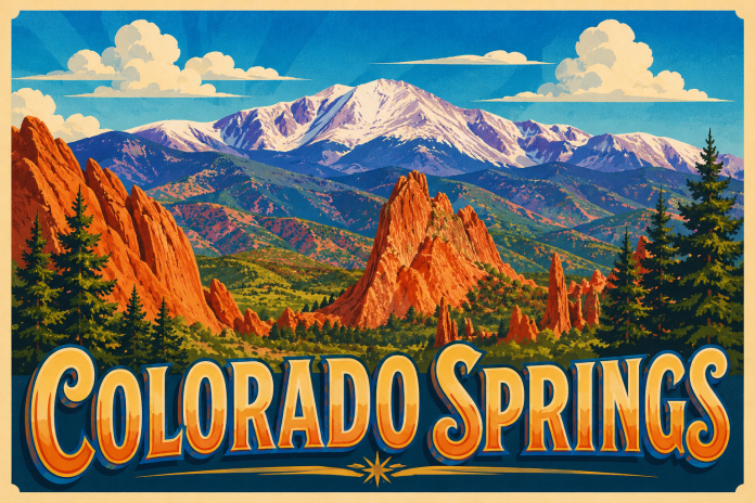 ChatGPT Image Aug 4, 2026, 01_43_12 PM Vintage-style travel postcard illustration of Colorado Springs featuring Pikes Peak, the red rock formations of Garden of the Gods, evergreen trees, and bold retro "Colorado Springs" lettering.