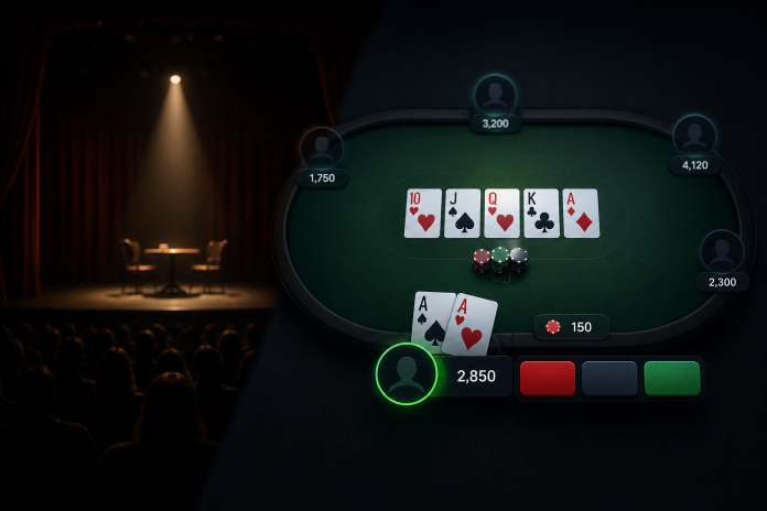 ChatGPT Image Aug 4, 2026, 12_55_44 PM Split illustration of a theater stage and a modern online poker interface, showing how visual design, color, and layout influence decision-making and player focus.
