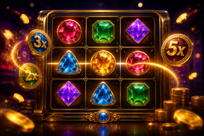 ChatGPT Image Aug 7, 2026, 04_40_57 PM Luxury online slot game interface featuring a glowing 3×3 grid of colorful gemstones, floating multiplier coins, sparkling gold coins, and bright light effects against a dark casino-style background.