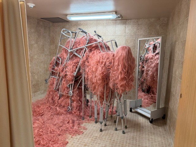 Walker sculptures draped with flowing pink hair inside a former hospital bathroom installation.